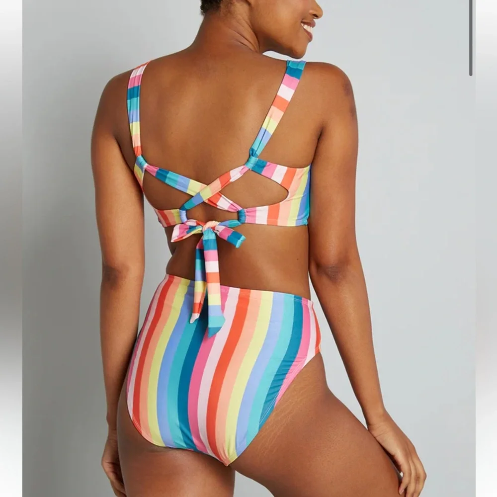ModCloth the franky hi waited bikini rainbow stripes size large